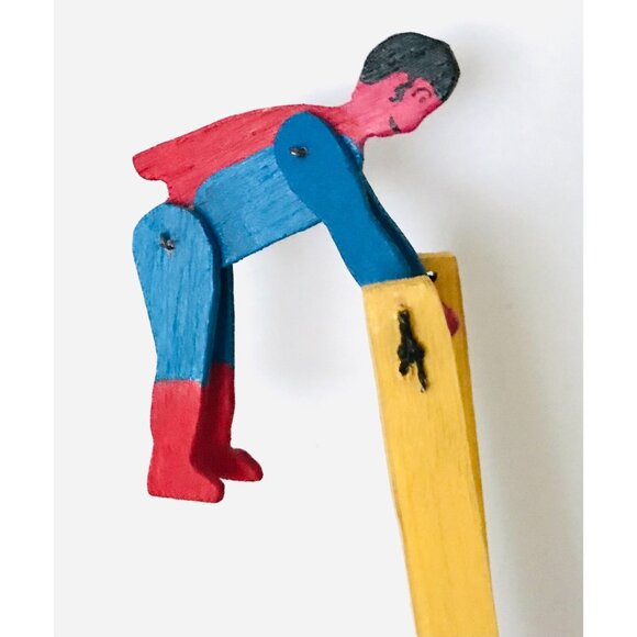 Vintage Handmade Wooden Flip Toy Artisan Folk Art Superhero Character Toy - Picture 1 of 11